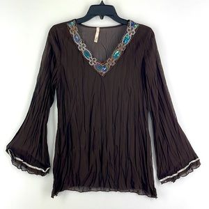 Vintage 90s Crinkle Sheer See Through Brown Tunic